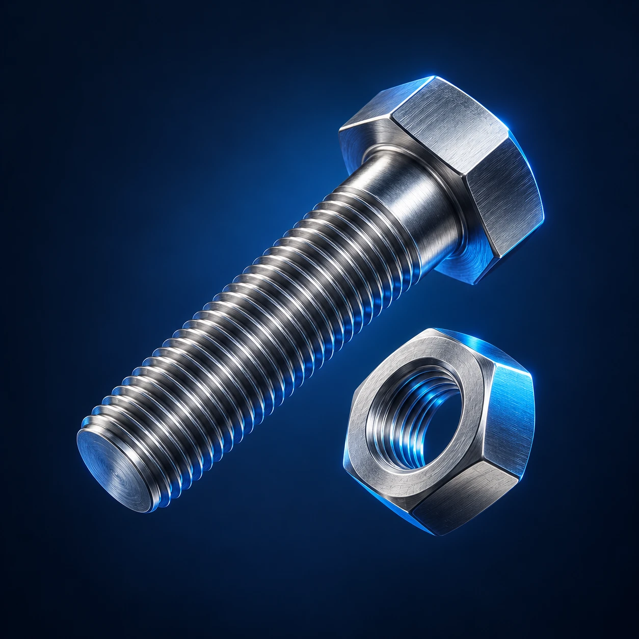 Precision-machined steel bolt and matching hex nut